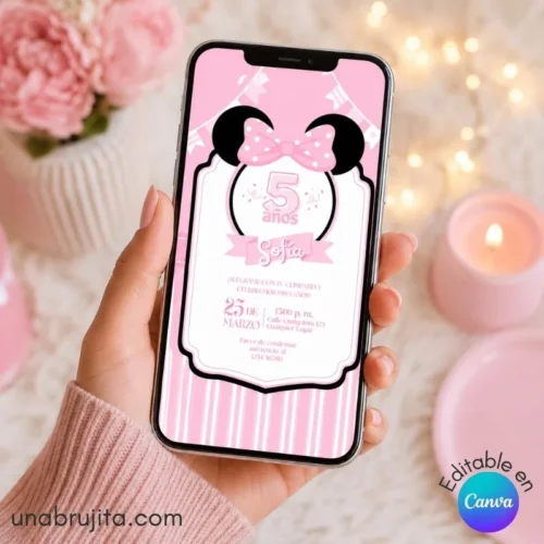 Invitación Digital Minnie Rosa Editable en Canva para Cumpleaños Infantil