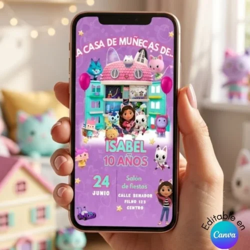 invitacion editable de gabby dollhouse