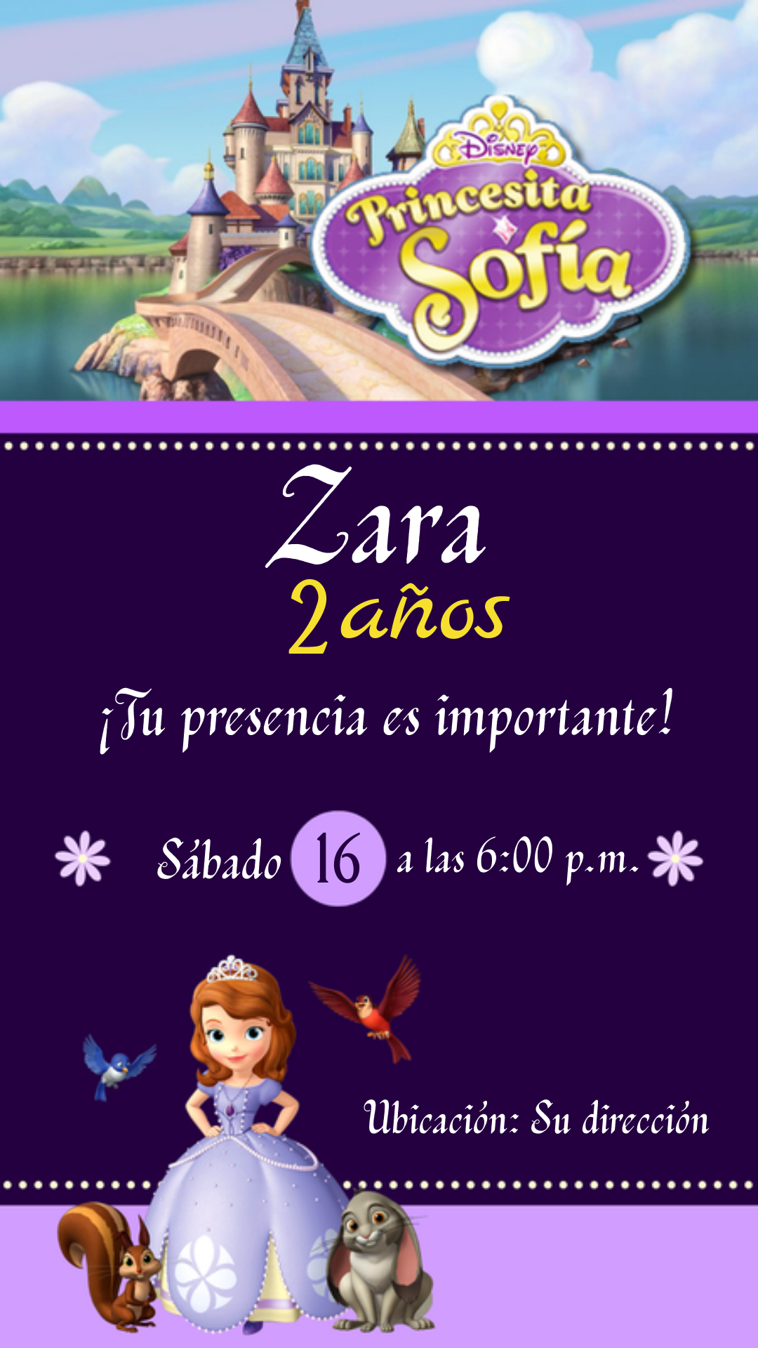 Invitación Princesita Sofia para cumpleaños