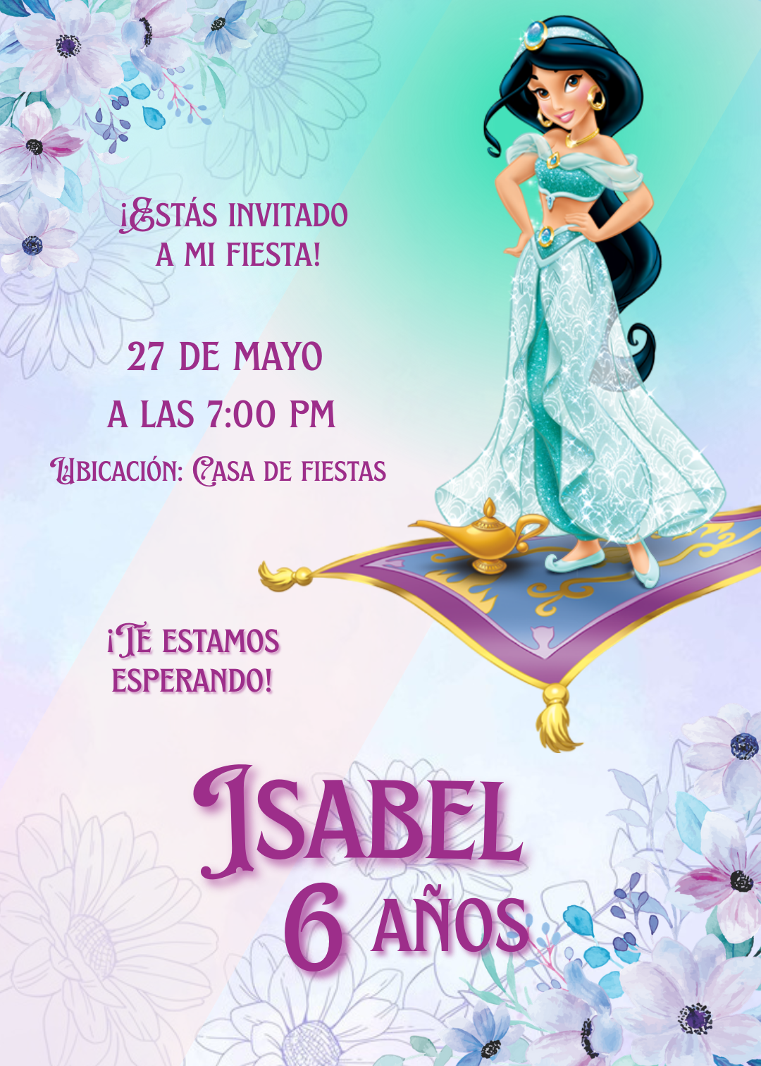Invitacion para cumpleaños de la princesa Jazmin