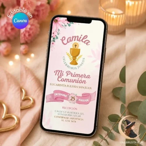 Invitación Digital Editable de Primera Comunión para Niña 🌸✨
