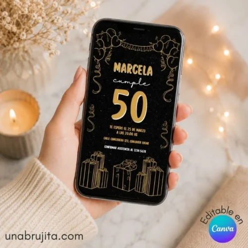 Invitación Digital 40/50 Años Negra y Dorada Editable en Canva